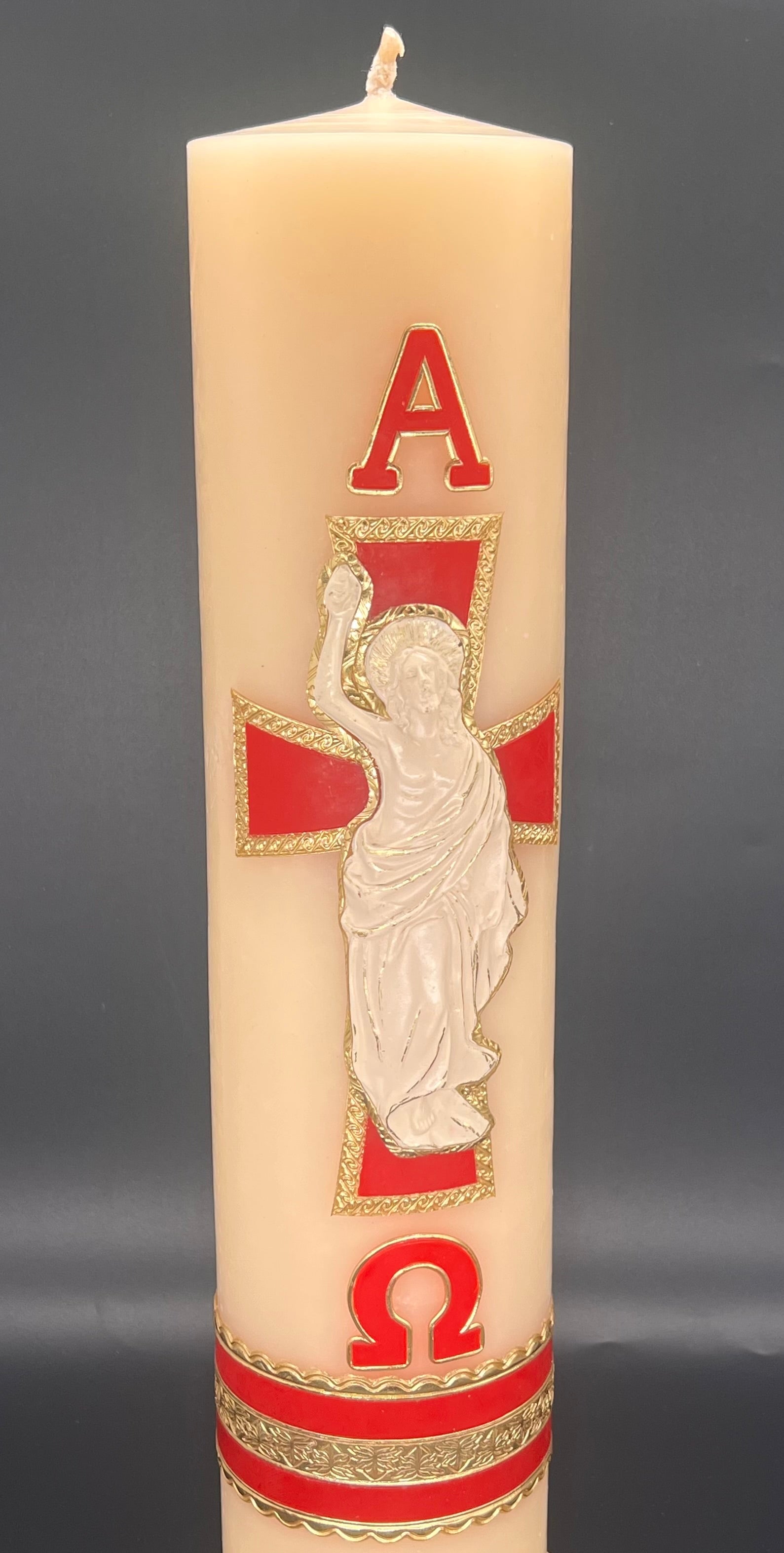 Cirio Pascual con Cristo resucitado en cera 10x44cm -M4