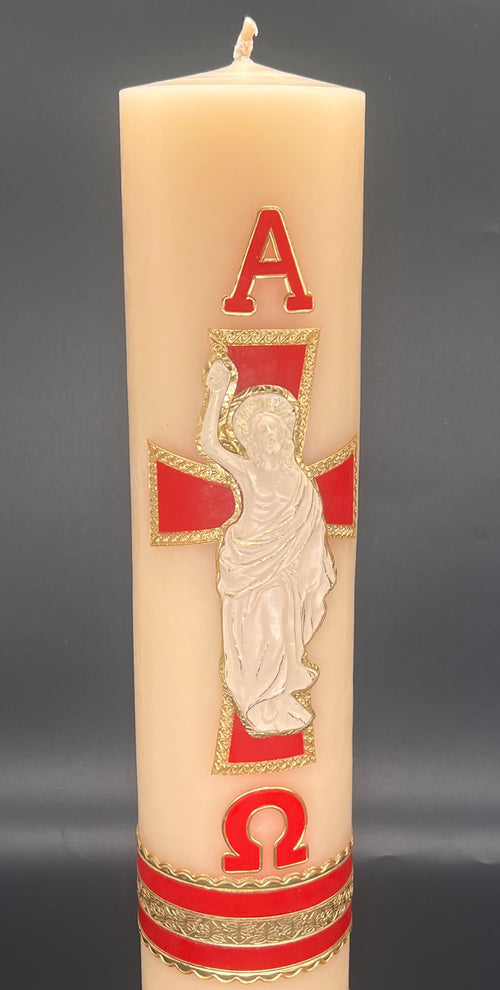 Cirio Pascual con Cristo resucitado en cera 10x44cm -M4