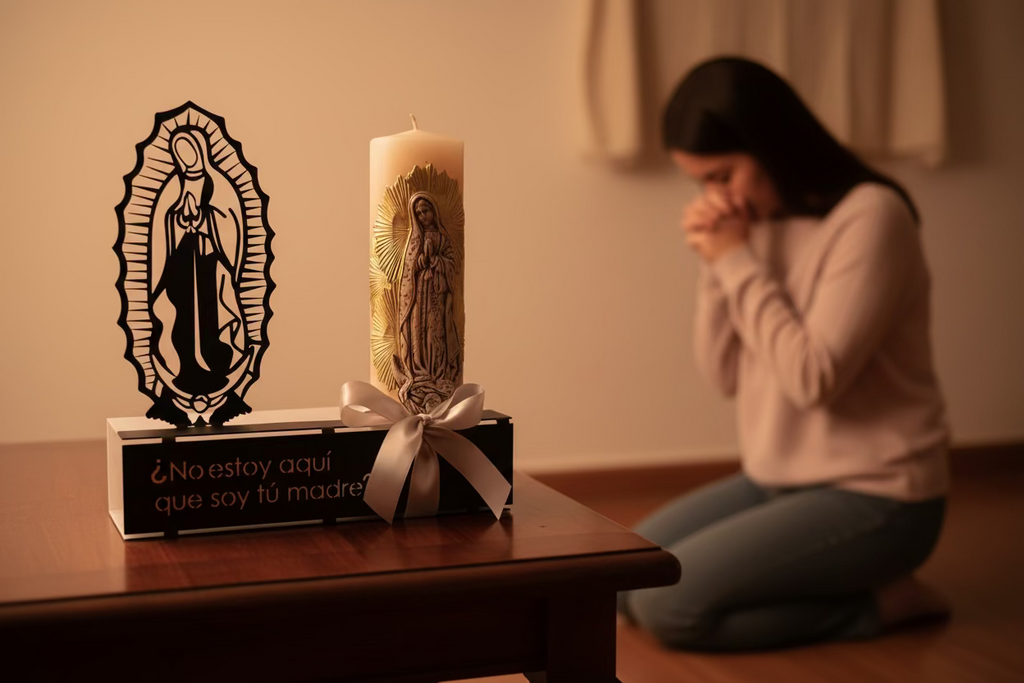 Silueta Virgen con Frase en acero y cirio