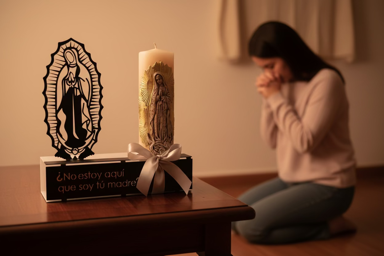 Silueta Virgen con Frase en acero y cirio