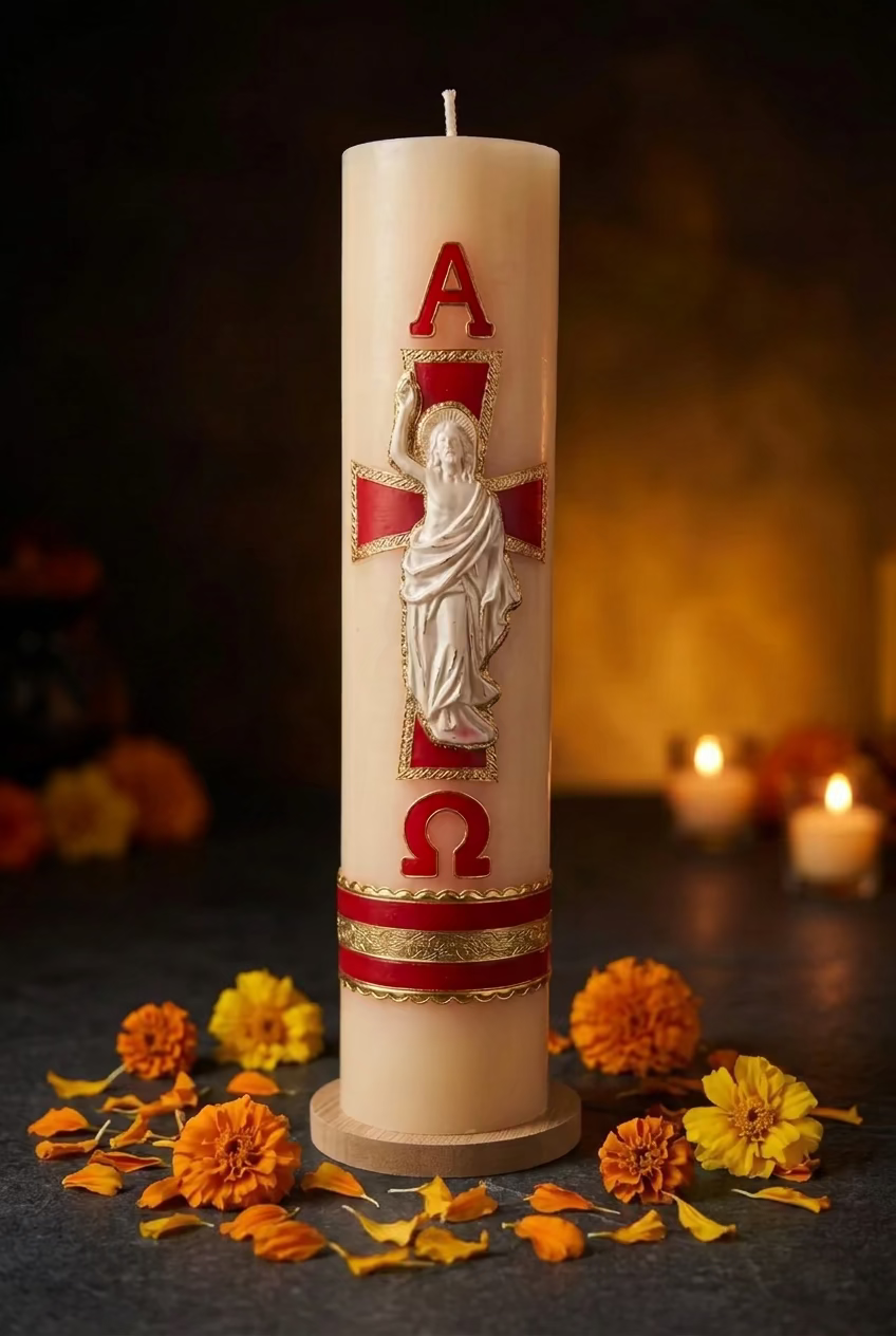Cirio Pascual con Cristo resucitado 10x44cm