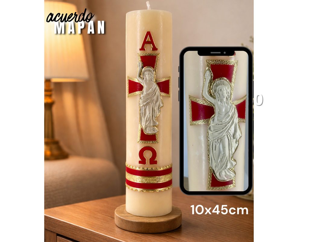 Cirio Pascual con Cristo resucitado en cera 10x44cm -M4